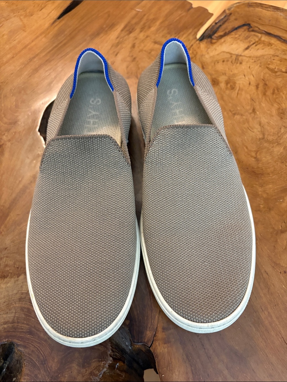 Rothy's Taupe Knit Slip-On Flats with Blue Heel Trim